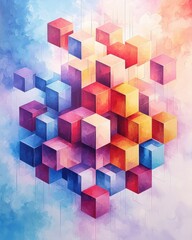 Naklejka premium Surreal Geometric Art with Colorful Cubes Interplaying in a Dreamlike Space