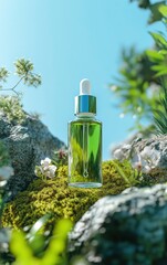 Green Serum Bottle on Mossy Rocks with Nature Background for Skincare