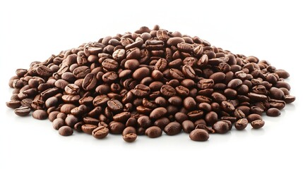 Richly Roasted Coffee Beans Piled High on a White Background Highlighting Natural Aroma