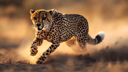 A cheetah running at full speed across the African plains.
