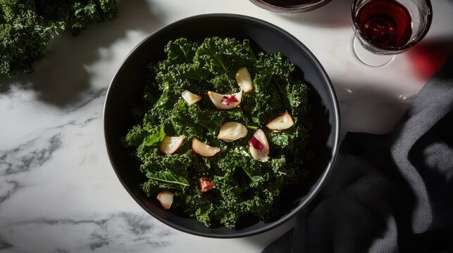 Fresh kale and roasted garlic salad in black bowl with red wine - Powered by Adobe