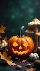 Obraz premium Spooky orange pumpkin among skeletal mushrooms, spooky, autumnal decor, halloween decorations