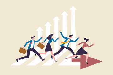 Business challenge, growing to success, growth chart or career path, teamwork winning together, work improvement or leadership, motivation concept, business people running on growth arrow up chart.
