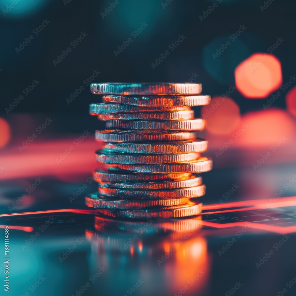 Aufkleber Futuristic Financial Growth Metallic Coin Stack with Neon Digital Overlay - Innovative Wealth Management and Investment Strategy Visualization