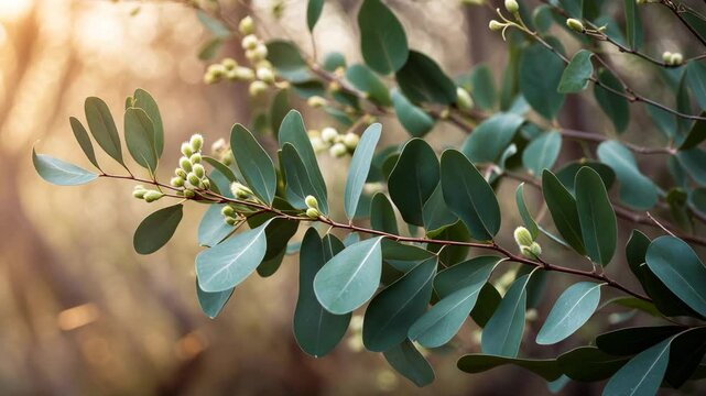 Eucalyptus gum nuts. Eucalyptus tree branch nature backdrop.