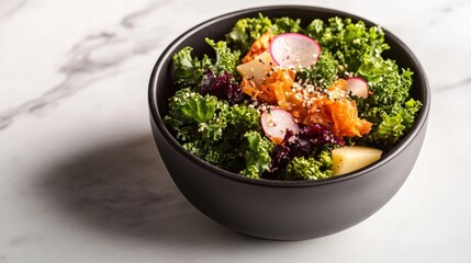 Vibrant kale salad with radishes and sesame seeds in black bowl