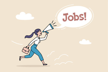 Job advertising or vacancy announcement, human resources recruitment, job communicate or hiring opportunity, career development seeker or employment concept, businesswoman announce jobs on megaphone