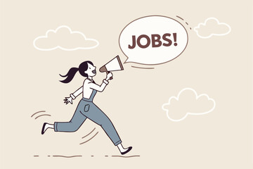 Job advertising or vacancy announcement, human resources recruitment, job communicate or hiring opportunity, career development seeker or employment concept, businesswoman announce jobs on megaphone