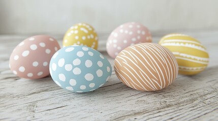 Fototapeta premium Pastel Easter Eggs with Polka Dots and Stripes on Rustic Wood Tabletop