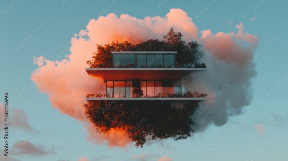 Poster ethereal eco-architecture sustainable modern living meets surreal cloud dynamics - innovative design