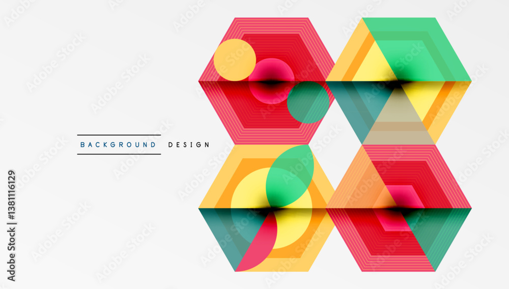 Poster Abstract geometric design. Hexagons, circles overlap creating vibrant colorful pattern. Modern style, clean lines, bright aesthetic.