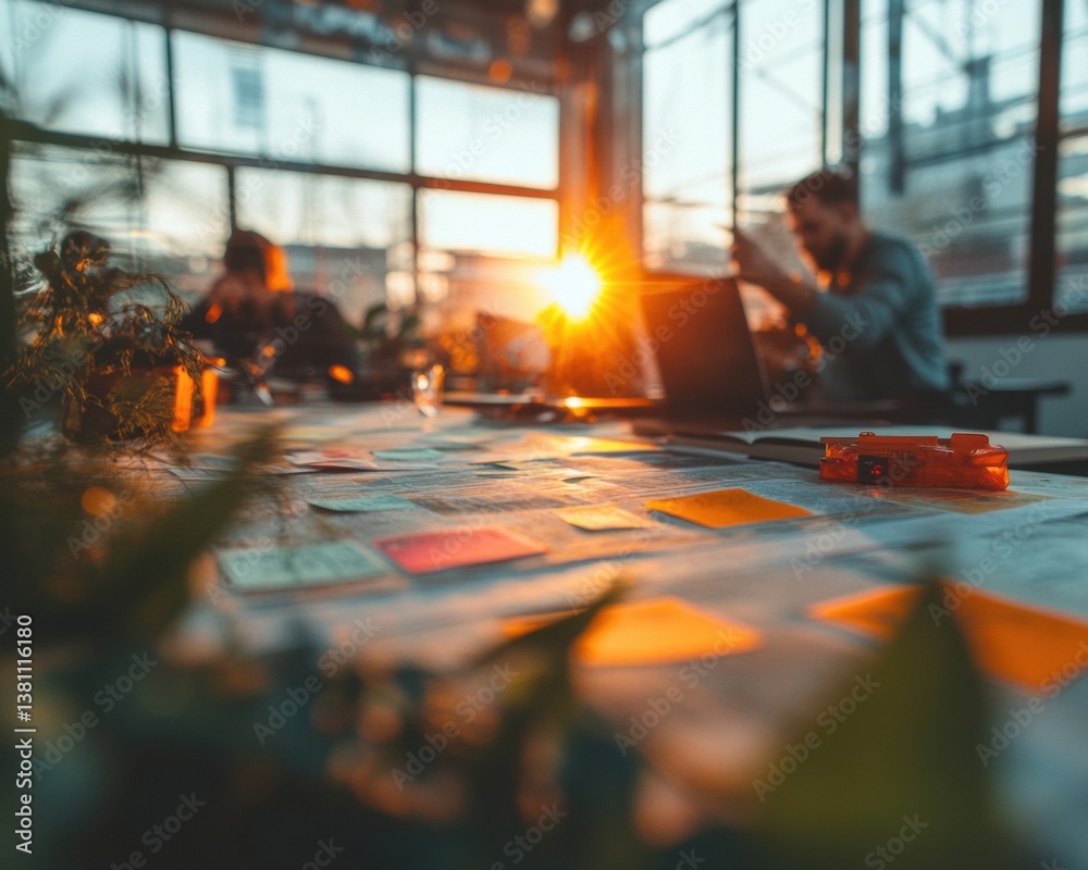 Leinwandbilder golden hour strategy collaborative workspace innovation - agile team brainstorming with sunset illum