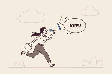 Job advertising or vacancy announcement, human resources recruitment, job communicate or hiring opportunity, career development seeker or employment concept, businesswoman announce jobs on megaphone