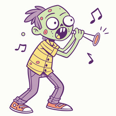 A funny cartoon zombie and clown with a cartoon illustration of a man dancing, featuring a child running in a playful and fun scene with a teen character.