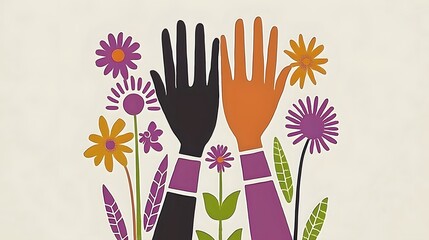 Illustration of Diverse Hands Raising Among Colorful Flowers Representing Unity and Community