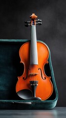 Fototapeta premium Vintage Artisan Nostalgia Classic Violin in Deep Teal Velvet Case - Heritage Craftsmanship Meets Contemporary Storytelling for Music Enthusiasts