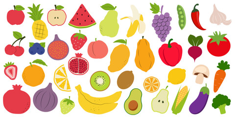 Fruit  and vegetable collection in flat hand drawn style. Vector fruits icon set isolated on white background