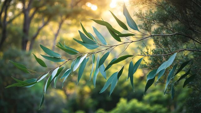 Eucalyptus leaves on a branch of an eucalyptus tree, set against a natural background.
