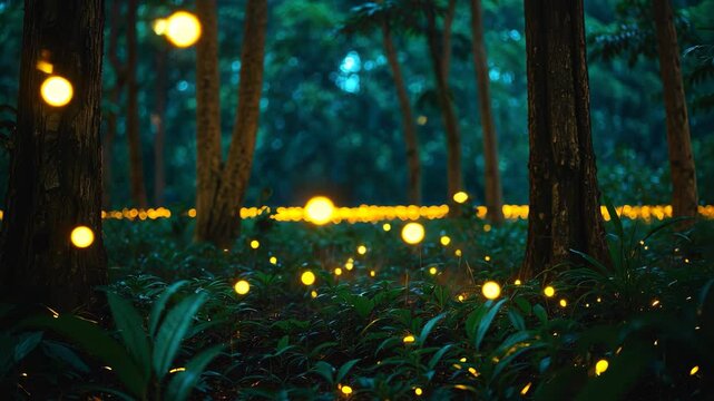 Firefly lightning bug in the rainforest during the night, a stunning evening in the rainy season. yellow light bokeh