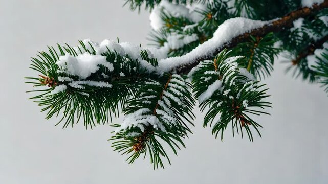 Fir tree branch blanketed in snow. Set against a white background.