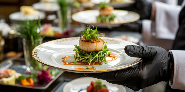 Elegant Catering: Seared Scallop on Gourmet Plate. A waiter in black gloves serves a beautifully plated seared scallop dish with microgreens and sauce. 