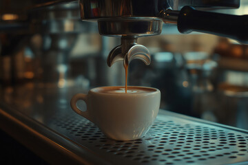 Coffee machine pouring rich espresso into a cup at a bustling cafe, creating an inviting atmosphere filled with delicious aromas