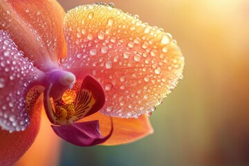 Naklejka na ściany i meble Close-up of a vibrant orange orchid petal covered in morning dew, bathed in sunlight.