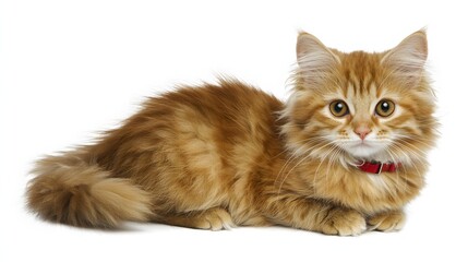 Obraz premium Fluffy Orange Tabby Cat Relaxing with Playful Expression and Soft Fur on White Background