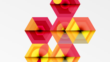 Bright geometric shapes, hexagon, triangle, vibrant colors, orange, red, yellow. Concentric circles create depth, modern design, abstract art, clean lines.