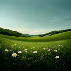 Obraz premium Expansive pastoral landscape with lush green meadow