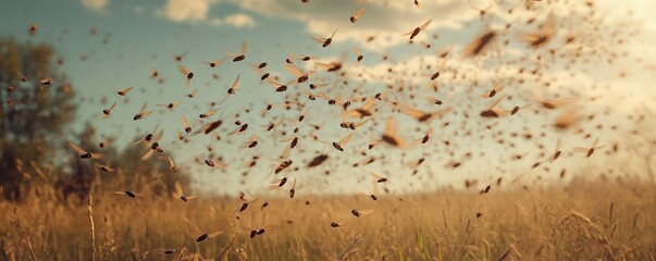 Swarms of insects over a golden field