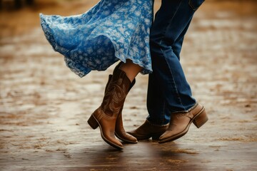 Couple dancing joyfully on a wooden floor, showcasing cowboy boots while enjoying country music outdoors in a lively setting