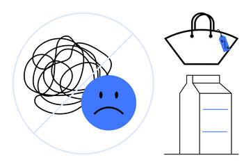 Crossed-out scribbling with sad face, shopping bag, and milk carton. Ideal for emotional health, organization, shopping, mental clarity, stress management decluttering consumer awareness. Abstract