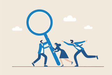Search new job, finding candidate or discover talent, hiring and recruitment, SEO search engine optimization, find career opportunity concept, business people HR push magnifying glass on search bar.