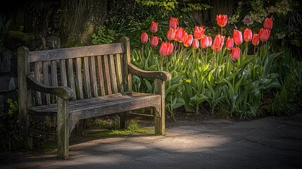 Obraz premium Rustic Wooden Bench Surrounded by Vibrant Tulips in a Sunlit Spring Garden