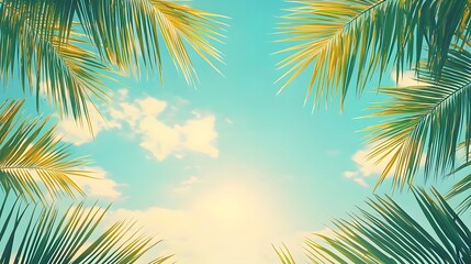 Tropical Palm Leaves Framing a Bright Sky and Sunlight with Fluffy Clouds in the Background