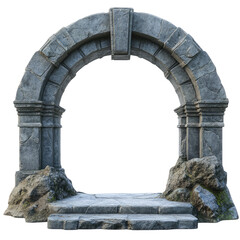 An ancient stone archway, weathered by time, stands as a gateway to mystery, inviting exploration of forgotten realms with a worn, textured stone surface against a stark white backdrop.