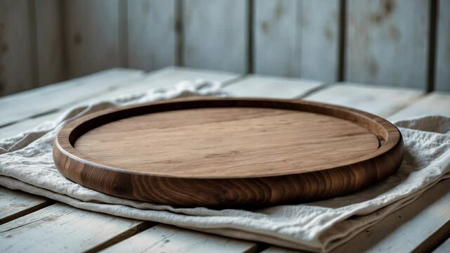 Empty pizza board and canvas tablecloth on a white wooden surface. Selective focus.