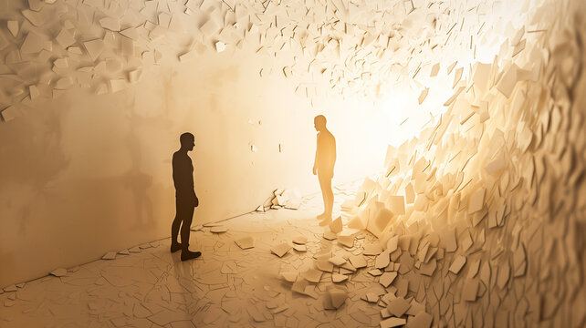 This Two figures stand in a chaotic room filled with scattered papers, embodying conflict and tension.