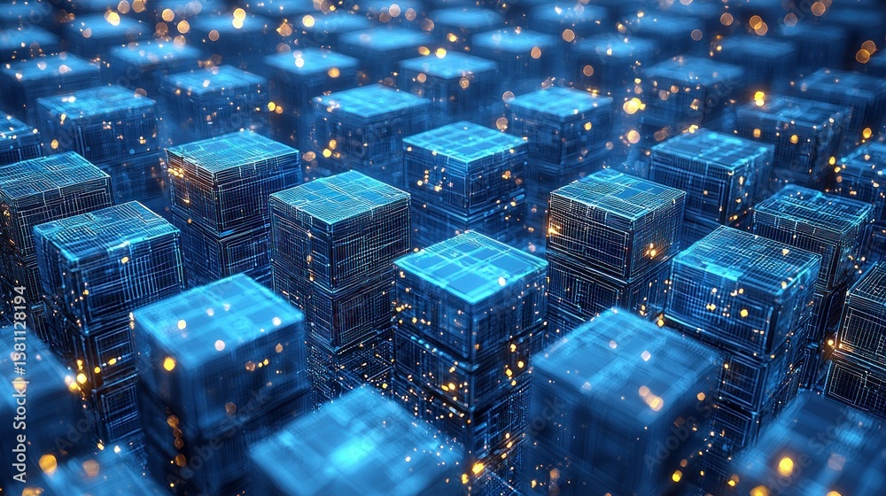 Poster abstract digital cubes: a network of illuminated data blocks