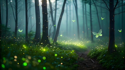 Obraz premium Misty morning sunlight filters through green forest foliage