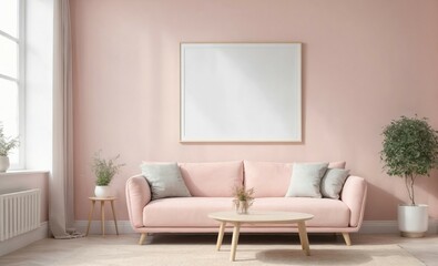 Minimalist Blank Frame Above Sofa in Stylish Modern Living Room Mockup