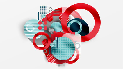 Fototapeta premium Abstract geometric composition. Circles, lines, dots create dynamic visual arrangement. Red, blue, gray tones dominate. Modern design element.
