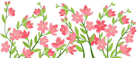 Obraz premium Hand drawn vector banner with pink cherry blossom flowers and green leaves on white background. Spring and nature concept representing renewal, beauty and seasonal growth