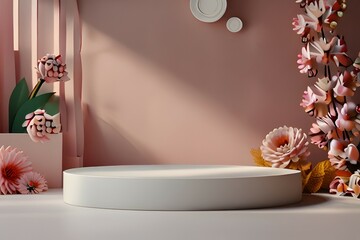 Modern aesthetic peony bloom floral podium abstract scene. Empty stage minimalistic boho design background. Stand product showcase