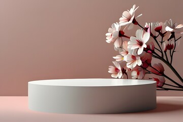 Modern aesthetic peony bloom floral podium abstract scene. Empty stage minimalistic boho design background. Stand product showcase