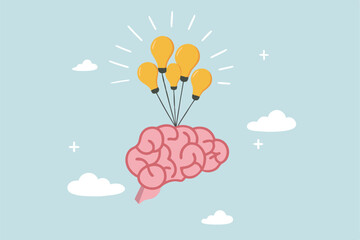 Brain power, idea or creativity to help success, intelligence knowledge or wisdom, innovation or imagination for thinking to develop idea concept, smart human brain fly with lightbulb idea balloons.