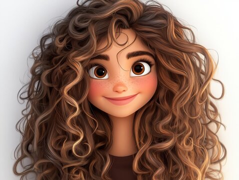 Cheerful Cartoon Girl with Brown Curly Hair and Rosy Cheeks