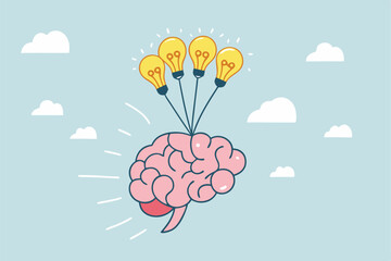 Brain power, idea or creativity to help success, intelligence knowledge or wisdom, innovation or imagination for thinking to develop idea concept, smart human brain fly with lightbulb idea balloons.