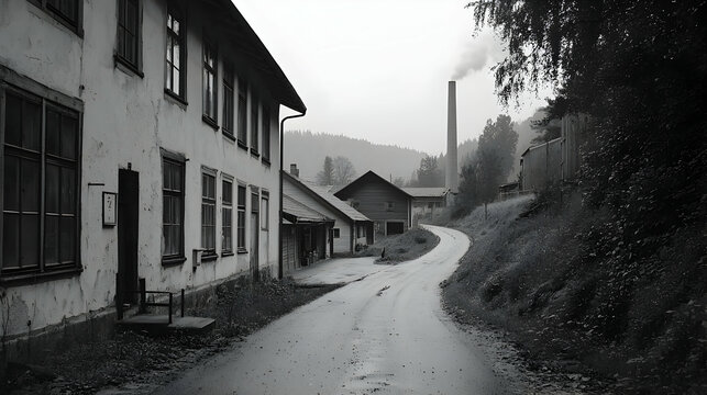 Fototapeta Monotone Village Road with Factory Chimney